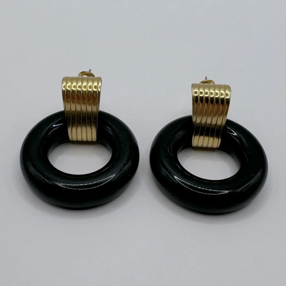 NAPIER Vintage Black & Gold Door Knocker Earrings - Picture 6 of 13